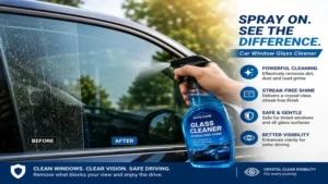Car window glass cleaner spray applied to side windows for a spotless and streak-free finish