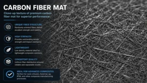 Close-up texture of carbon fiber mat showing randomly oriented fibers for structural reinforcement.