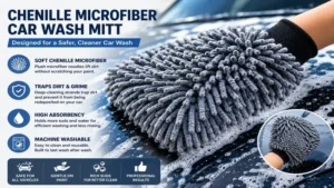 Chenille microfiber car wash mitt designed to trap dirt while protecting automotive paint.