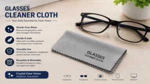 glasses cleaner cloth placed beside eyeglasses on a desk for everyday lens maintenance