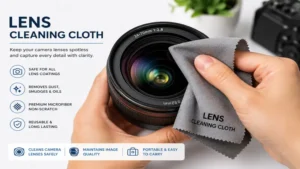 Using a lens cleaning cloth to clean a camera lens for clear and sharp photos