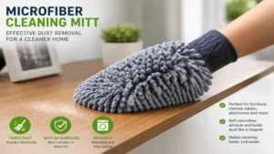 microfiber cleaning mitt removing dust from furniture and hard surfaces