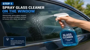 Spraying glass cleaner onto a vehicle window as part of the best way to clean auto windows
