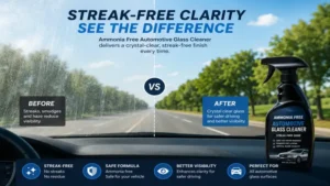 Crystal-clear windshield after using ammonia free automotive glass cleaner for streak-free visibility
