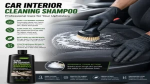 Professional car interior cleaning shampoo treatment applied to vehicle upholstery for deep cleaning