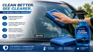 Car window glass cleaner used with a microfiber cloth to achieve a professional glass shine