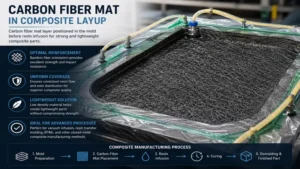 Carbon fiber mat layer positioned inside a composite mold before resin infusion and curing.