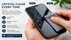 Microfiber cloth for cleaning phone screen keeping a smartphone display clear and streak free