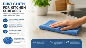 Dust cloth wiping kitchen countertop surfaces clean