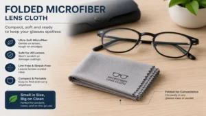 Folded microfiber eyeglass cleaning cloth placed beside a pair of reading glasses