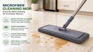 microfiber cleaning mop absorbing spills and stains during wet floor cleaning