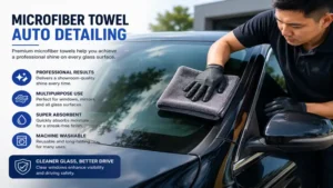 microfiber towels for cleaning car windows during professional auto detailing service