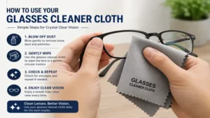 person using glasses cleaner cloth to gently clean eyeglass lenses and remove dust and fingerprints