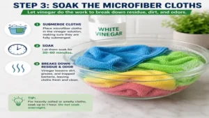 Soaking dirty towels with vinegar to clean microfiber cloth and remove trapped dirt and odors