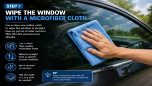 Using a microfiber cloth to wipe automotive glass following the best way to clean auto windows
