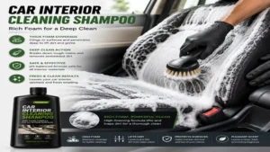 Rich foam from car interior cleaning shampoo covering seats and loosening embedded dirt