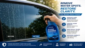 Car window glass cleaner removing hard water spots and residue from automotive glass surfaces