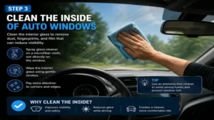 Cleaning interior car glass with a microfiber cloth using the best way to clean auto windows