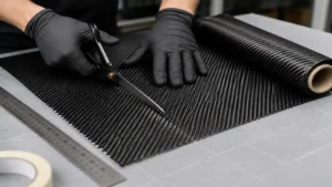 Technician cutting carbon fibre cloth to precise dimensions for custom composite part production