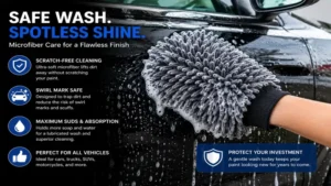 Using a microfiber car wash mitt to safely wash a black car without leaving swirl marks.