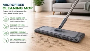 microfiber cleaning mop collecting dust, pet hair, and allergens in dry cleaning mode