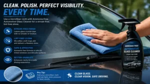 Using a microfiber cloth with ammonia free automotive glass cleaner to polish vehicle glass surfaces