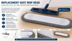 Replacement dust mop head compatible with standard mop frames for long-term use