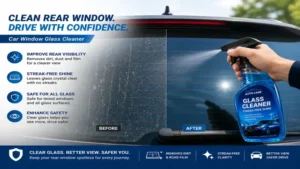 Car window glass cleaner restoring clarity and visibility on a vehicle rear window