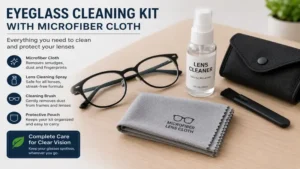 Eyeglass cleaning kit featuring a microfiber eyeglass cleaning cloth and lens care accessories