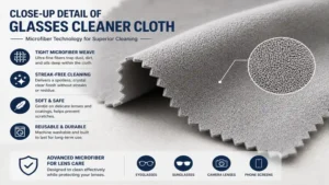 close-up view of glasses cleaner cloth showing fine microfiber weave for effective lens cleaning