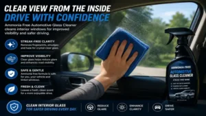 Interior car window detailing with ammonia free automotive glass cleaner for improved driving visibility