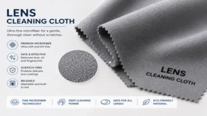 Close-up view of a microfiber lens cleaning cloth with fine cleaning fibers