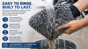 Rinsing a microfiber car wash mitt with clean water to remove trapped dirt and debris.