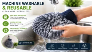 Washable microfiber cleaning mitt being rinsed after household cleaning tasks