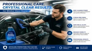 Professional detailer using car window glass cleaner for showroom-quality automotive glass cleaning