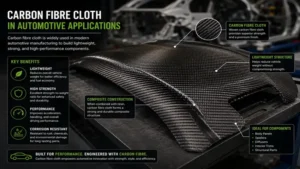 Infographic showing carbon fibre cloth used in automotive manufacturing to create lightweight and high-performance vehicle components