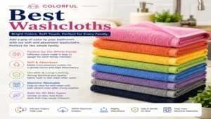 Set of colorful best washcloths stacked for family bathroom use