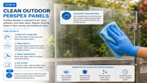 Demonstrating how to clean perspex outdoor panels exposed to dirt, dust, and weather