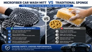 Comparison of a microfiber car wash mitt and a traditional sponge for safe vehicle washing.
