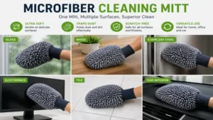 microfiber cleaning mitt suitable for cleaning glass, wood, stainless steel, electronics, and tile surfaces