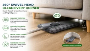 microfiber cleaning mop with 360-degree swivel head reaching under furniture and into corners