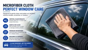 microfiber towels for cleaning car windows during close-up vehicle window polishing