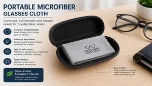Compact microfiber eyeglass cleaning cloth stored in a carrying case for travel use