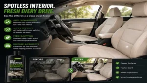 Clean and refreshed vehicle cabin after using car interior cleaning shampoo for interior detailing