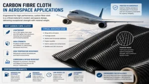 Infographic illustrating carbon fibre cloth applications in aerospace engineering for lightweight, high-strength aircraft structures