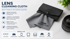 Folded lens cleaning cloth stored in a protective pouch for everyday use