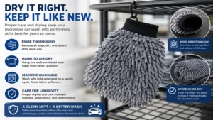 Microfiber car wash mitt drying after use to maintain long-lasting cleaning performance.
