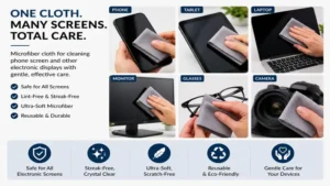 Microfiber cloth for cleaning phone screen and other electronic displays with gentle care