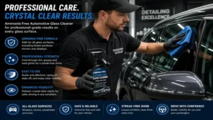 Professional vehicle maintenance using ammonia free automotive glass cleaner on windows and mirrors
