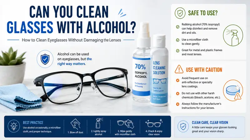 Can you clean glasses with alcohol safely? Guide showing proper eyeglass cleaning methods and lens care.